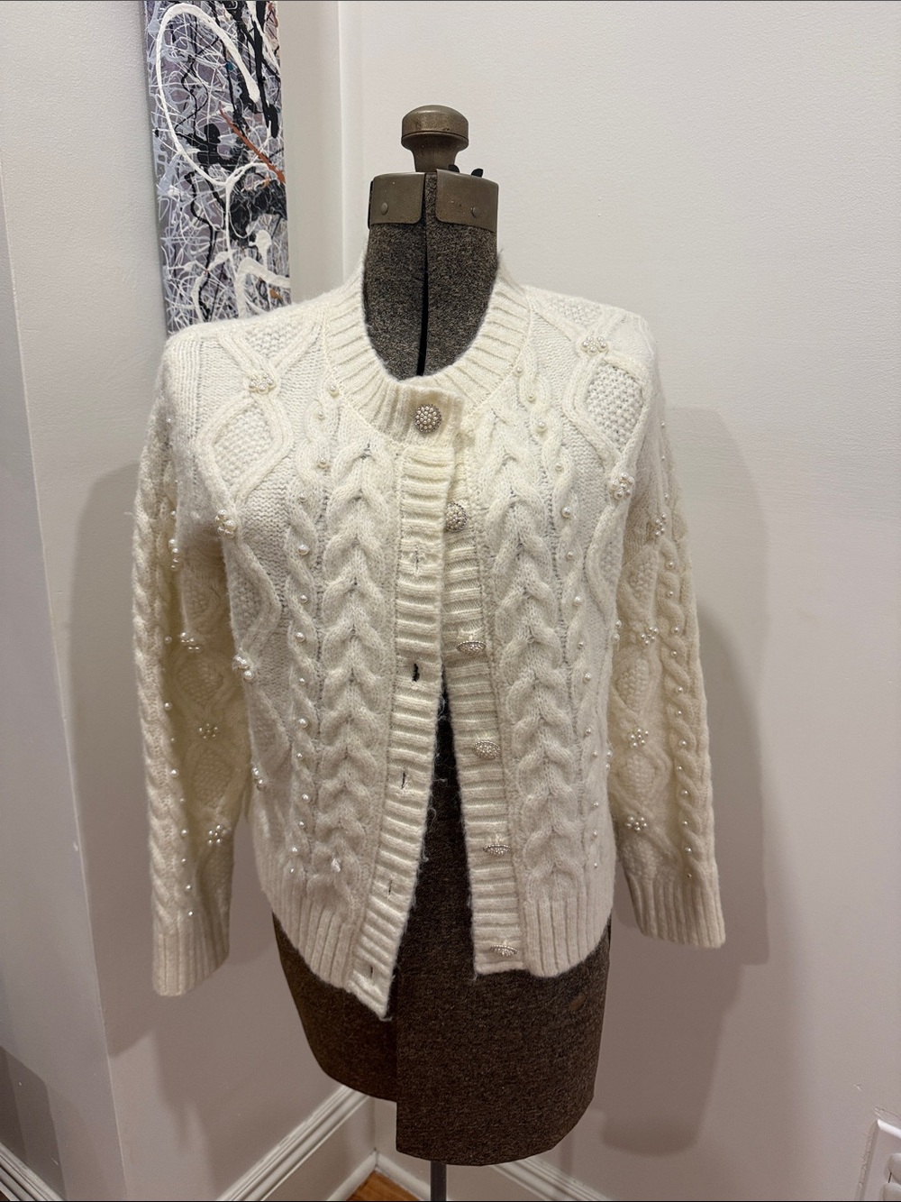 Zara Cream Cable-Knit Pearl Button Cardigan